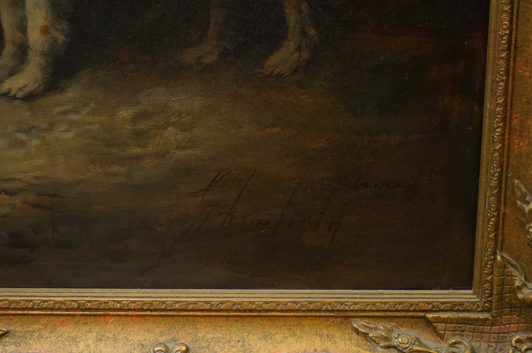 After George Armfield (1808–1893), Hounds in an interior, bears signature, oil on canvas, 62 x 80cm, ornately framed